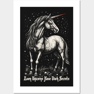 Even Unicorns Have Dark Secrets - Vintage Linocut Style Illustration Print Posters and Art